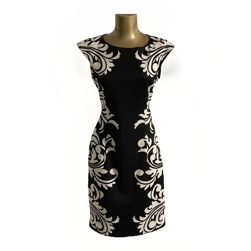 Maggie London Women's Black White Sleeveless Sheath Short Stretch Dress Size 4
